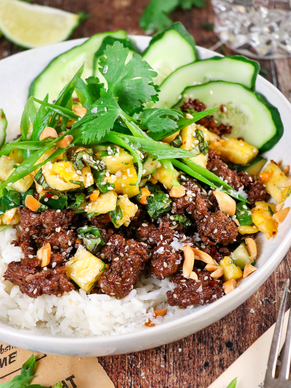 (20Minute) Sticky Pineapple Ginger Beef & Rice Bowl